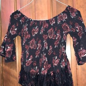 Off Shoulder Elastic Long Sleeve Rose Print Blouse